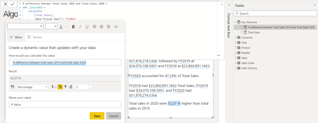 Demo of using a measure to calculate % difference between total sales for fiscal year 2019 and 2020